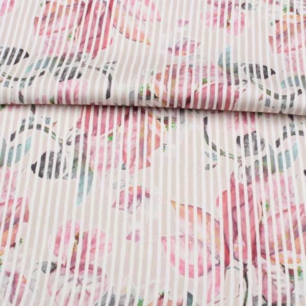 Коттон стрейч APANAGE бежевый, розовые цветы, белая полоска, ш.128 оптом