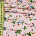 Коттон розовый в красные клубнички и белые цветы, ш.146 оптом