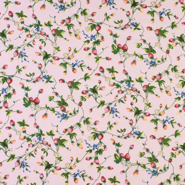 Коттон розовый в красные клубнички и белые цветы, ш.146 оптом