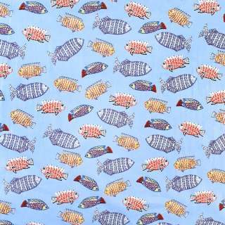 Коттон голубой в разноцветные рыбы, ш.146 оптом