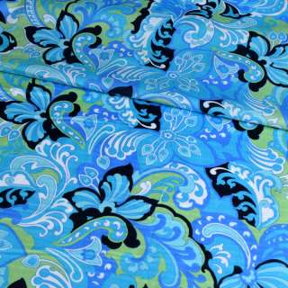 Коттон голубой, сине-голубые цветы, ш.140 оптом