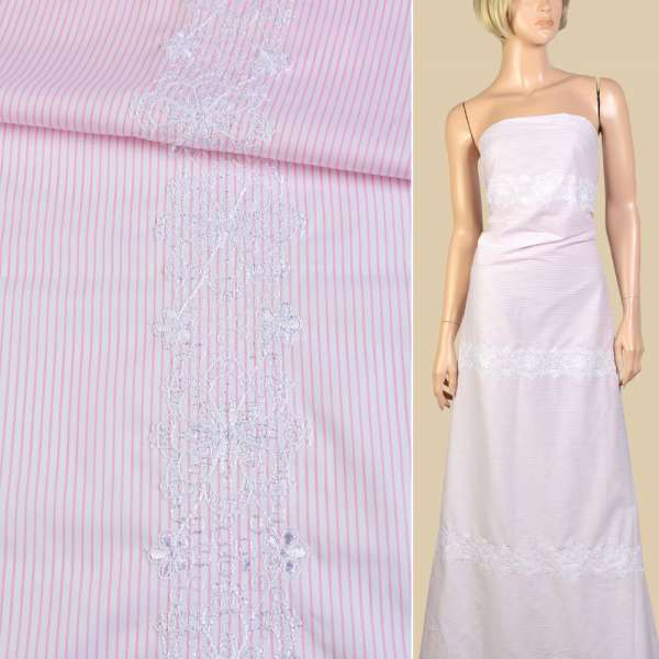 Котон білий в рожеву смужку, біла квіткова вишивка (3 смуги уздовж тканини) ш.150 оптом