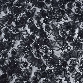 Кружево стрейч с нашитыми цветами черное, ш.145 оптом