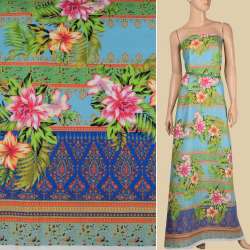 Лен голубой, цветные полоски с орнаментом, тропические цветы, 1-ст.купон, ш.140