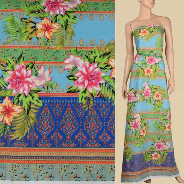 Лен голубой, цветные полоски с орнаментом, тропические цветы, 1-ст.купон, ш.140 оптом