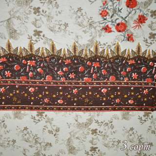 Трикотаж вискозный стрейч бежевый в коричневые полоски и цветы оптом