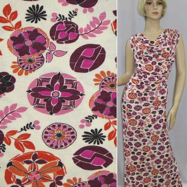 Трикотаж віскозний стрейч білий в рожеві, помаранчеві, бордові квіти ш.154 оптом