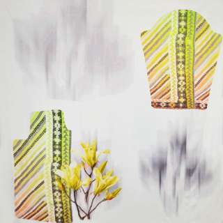 Трикотаж віскозний стрейч білий з абстрактним малюнком і жовтими квітами оптом