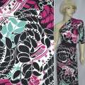 Трикотаж вискозный стрейч черно-белый в малиново-бирюзовую абстракцию ш.150 оптом