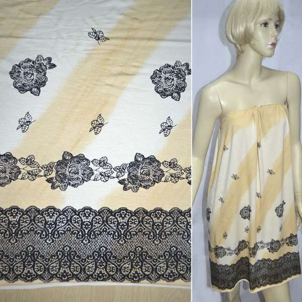 Трикотаж віскозний стрейч бежево-кремовий з чорними квітами і купоном ш.140 оптом