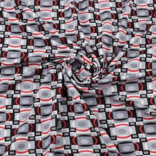 Трикотаж вискозный стрейч белый в черно-серые квадраты и красные овалы ш.150 оптом