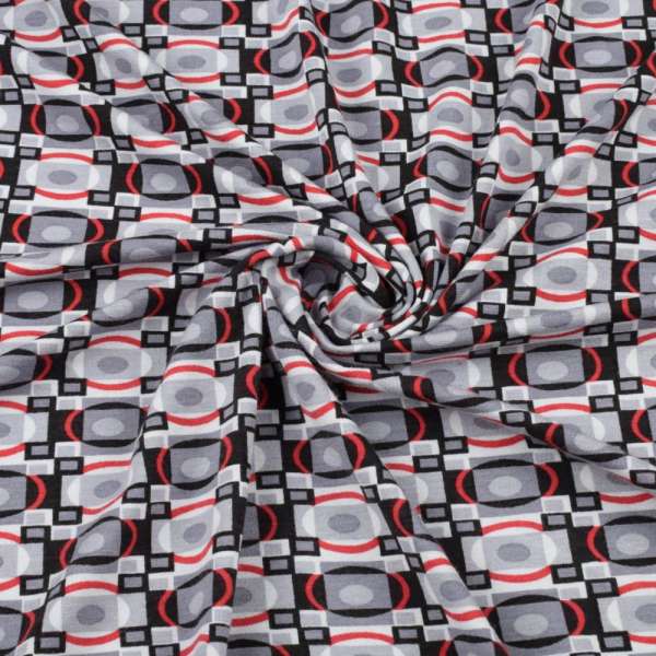 Трикотаж вискозный стрейч белый в черно-серые квадраты и красные овалы ш.150 оптом