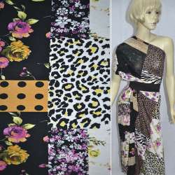 Трикотаж вискозный стрейч в черно-бело-бежевые квадраты с цветами и кругами ш.160