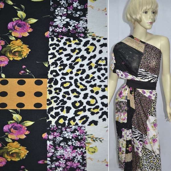 Трикотаж вискозный стрейч в черно-бело-бежевые квадраты с цветами и кругами ш.160 оптом