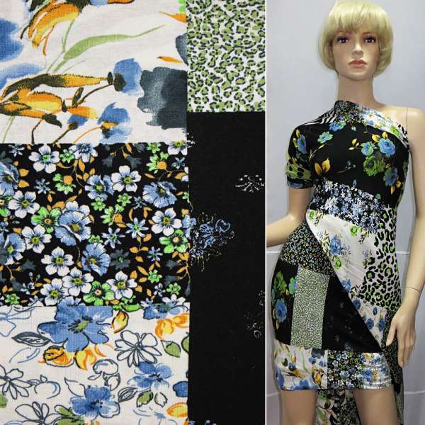 Трикотаж вискозный стрейч в черно-бело-салатовые квадраты с цветами и кругами ш.160 оптом