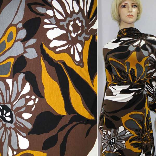 Трикотаж* вискозный стрейч коричнево-черный с желто-белыми цветами ш.160 оптом