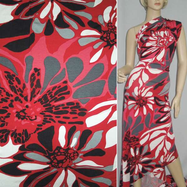 Трикотаж вискозный стрейч белый с большими красно-черными цветами ш.160 оптом