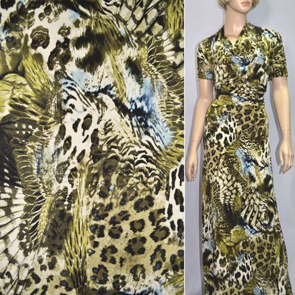 Трикотаж вискозный стрейч молочно-зеленый перья (принт) ш.150 оптом