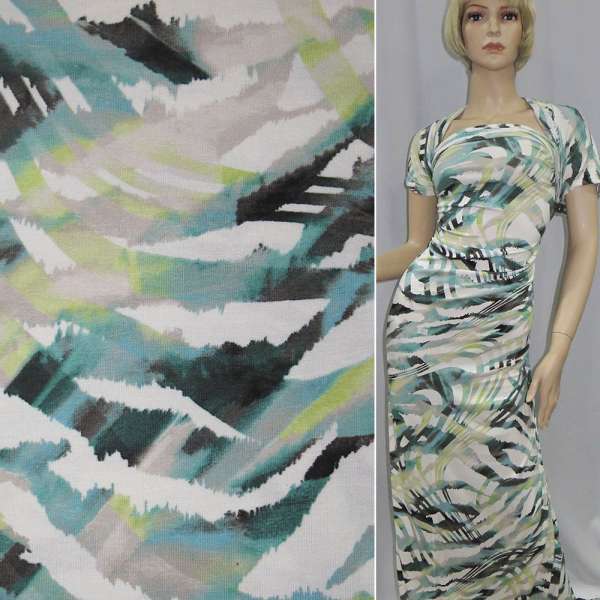 Трикотаж вискозный стрейч белый с бирюзово-серой абстракцией (принт) ш.150 оптом