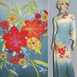 Трикотаж вискозный стрейч бирюзовый с широкой белой полосой с красными цветами ш.150