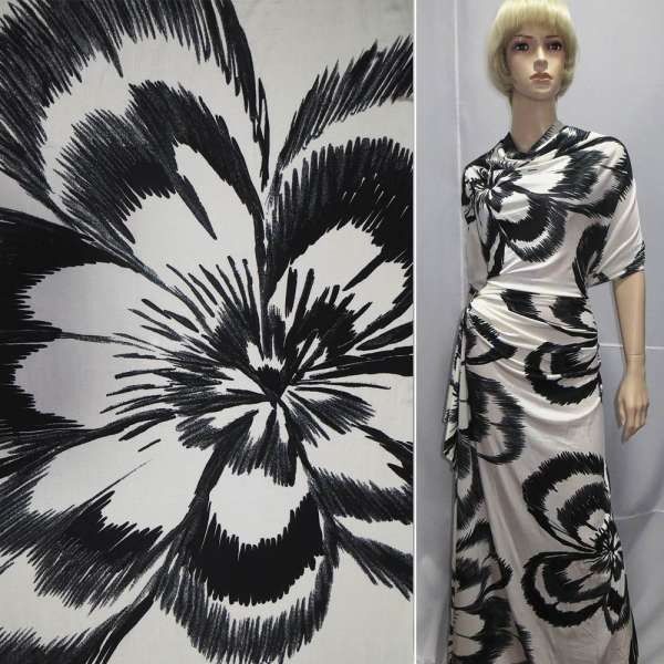 Трикотаж вискозный стрейч белый с большими черными цветами ш.131 оптом