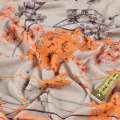 Трикотаж вискозный стрейч серый светлый с оранжевыми серыми веточками цветов и полоски, ш.140 оптом