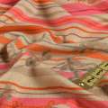 Трикотаж вискозный стрейч желто-серый с розово-оранжевыми цветами и полосками, раппорт, ш.140 оптом