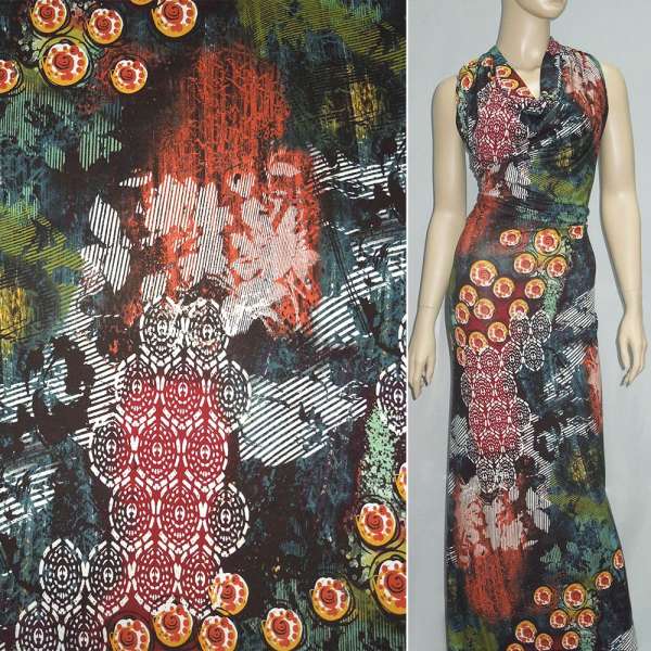 Трикотаж вискозный стрейч зелено-бордово-терракотовый в круги ш.145 оптом