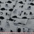Трикотаж вискозный стрейч серый, черные, серые кошки с голубым носиком, ш.150 оптом