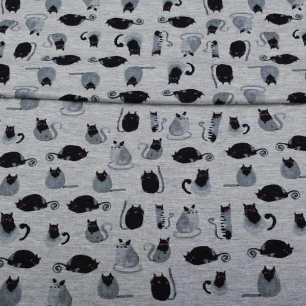 Трикотаж вискозный стрейч серый, черные, серые кошки с голубым носиком, ш.150 оптом