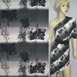 Трикотаж віскозний стрейч в сіро-бежеві смужки з деревами ш.149