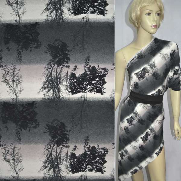 Трикотаж вискозный стрейч в серо-бежевые полоски с деревьями ш.149 оптом