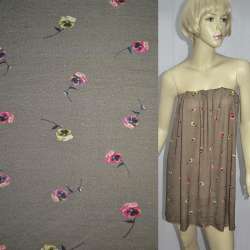 Трикотаж віскозний болотний світлий з рожево-жовтими квіточками ш.150