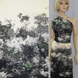 Трикотаж віскозний стрейч кремово-сірий з квітами (рапорт) ш.140