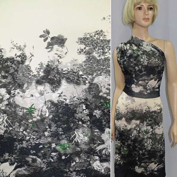 Трикотаж віскозний стрейч кремово-сірий з квітами (рапорт) ш.140 оптом