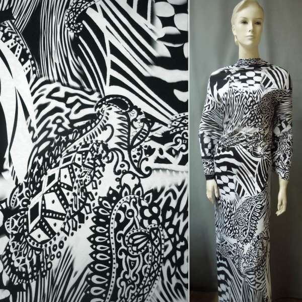 Трикотаж віскозний стрейч чорний з білими огірками і абстракцією ш.148 оптом