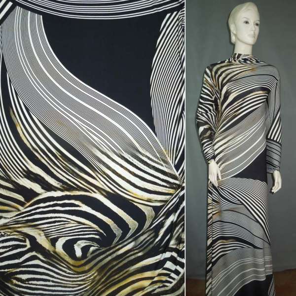 Трикотаж вискозный стрейч черный с белыми диагональными полосками ш.150 оптом