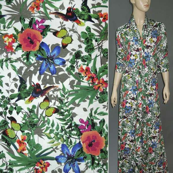 Трикотаж вискозный стрейч белый с разноцветными цветами и бабочками (принт) ш.156 оптом