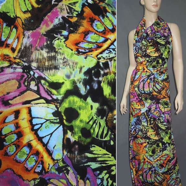 Трикотаж віскозний стрейч оранжево-блакитні і салатово-малинові крила метелика (принт) ш.146 оптом