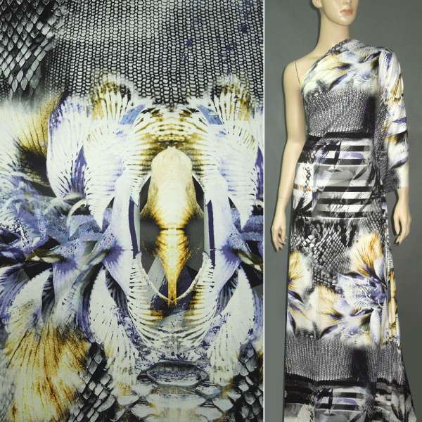 Трикотаж віскозний стрейч сіро-білий рептилія + квіти рапорт (принт) ш.145 оптом