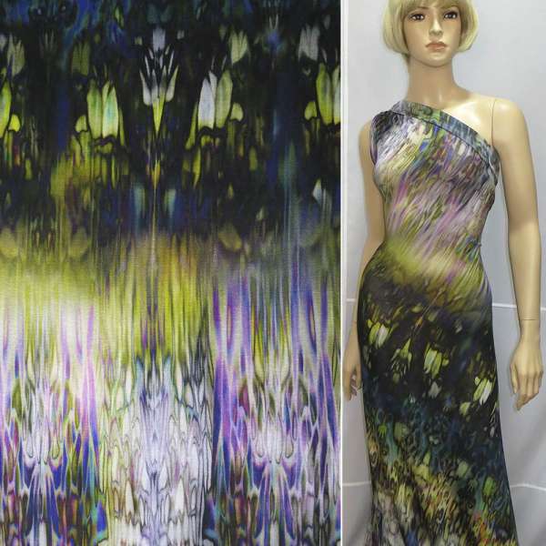 Трикотаж вискозный стрейч черный в фиолетовые, белые, зеленые разводы ш.142 оптом