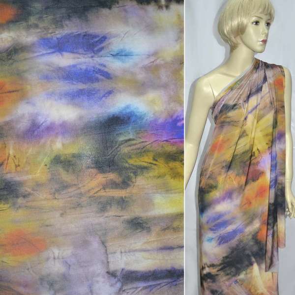 Трикотаж віскозний мокрий стрейч гірчично-помаранчеві розводи ш.145 оптом