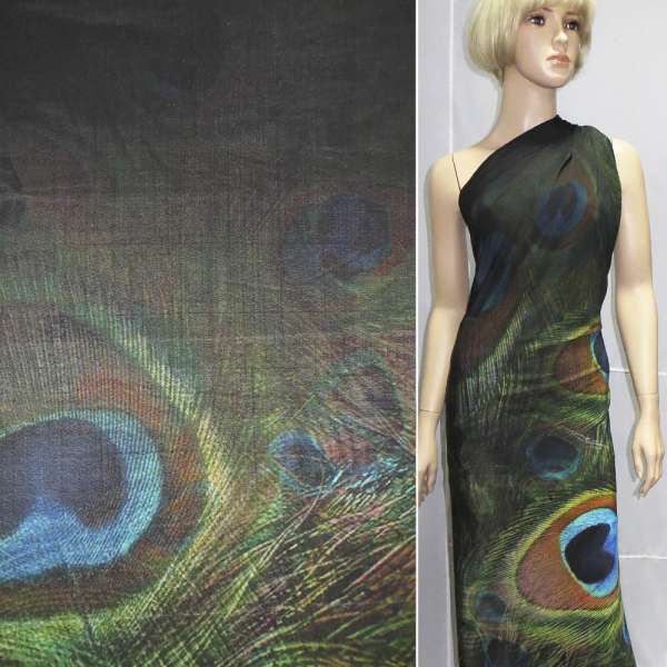 Трикотаж віскозний мокрий стрейч чорний з пір'ям павича ш.143 оптом