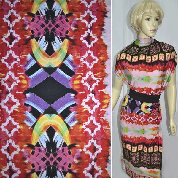 Трикотаж вискозный стрейч черный с красными цветами ш.150 оптом