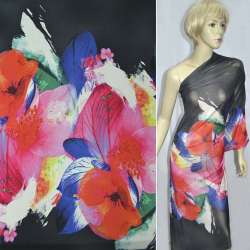 Трикотаж віскозний стрейч чорний з великими рожево-малиновими квітами (рапорт) ш.145