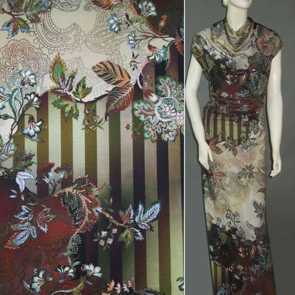 Трикотаж віскозний стрейч бежево-оливковий в смужку і бордово-зеленим кольоровим малюнком ш.150 оптом