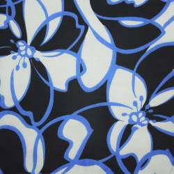 Шовк білий з чорно-блакитними квітами ш. 135