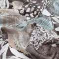 Шелк бежевый светлый с коричнево-бирюзовым абстрактным рисунком ш.140 оптом
