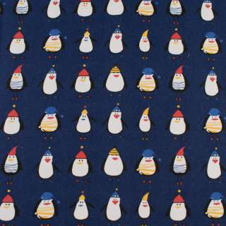 Деко коттон пингвины в шапочках, синий, ш.150 оптом