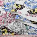 Деко коттон цветы розовые, голубые, бабочки желто-черные, белый, ш.150 оптом